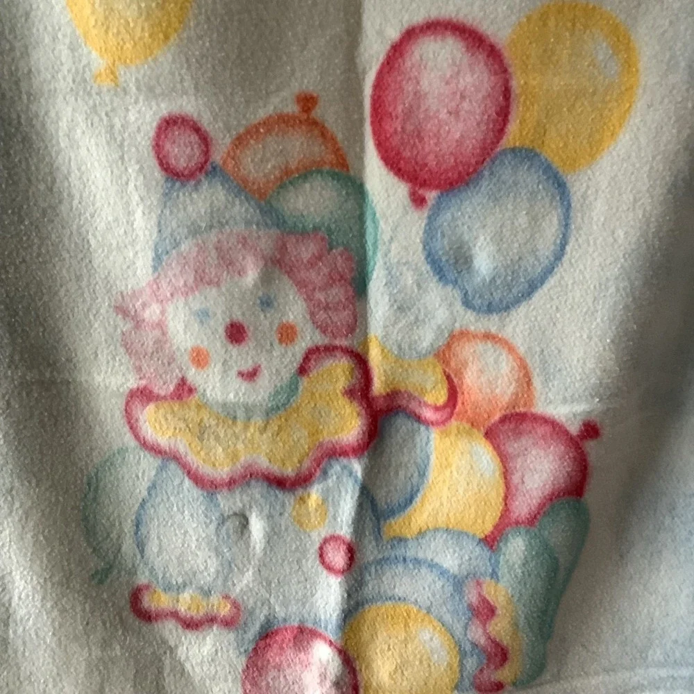 Vintage Baby Blanket Clown w/ Balloons w/ Blue Trim 43 x 33 Acrylic